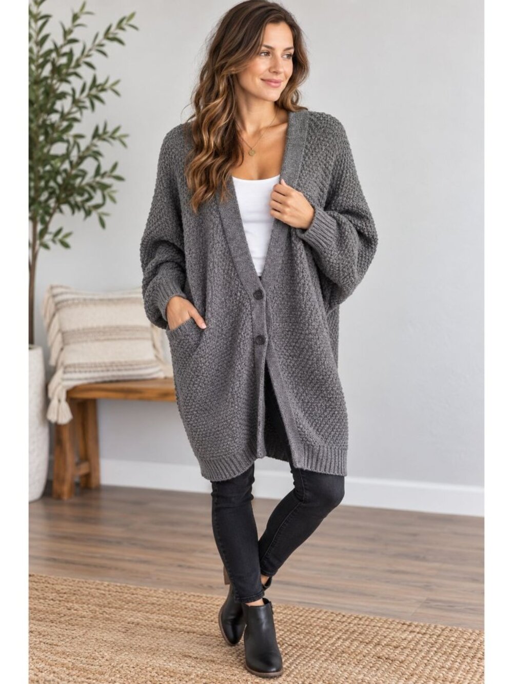 Maison Scotch Gray oversized Heavy weight waffle-knit cardigan Size M (2) Boho